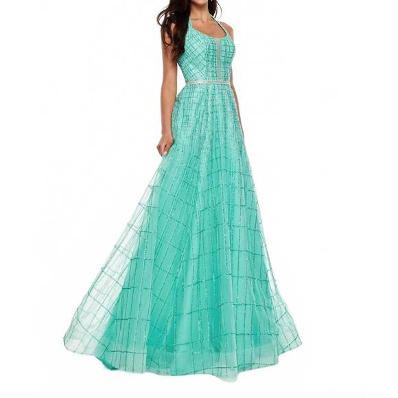 NEW RACHEL ALLAN glitter tulle halter neck prom gown in aqua green